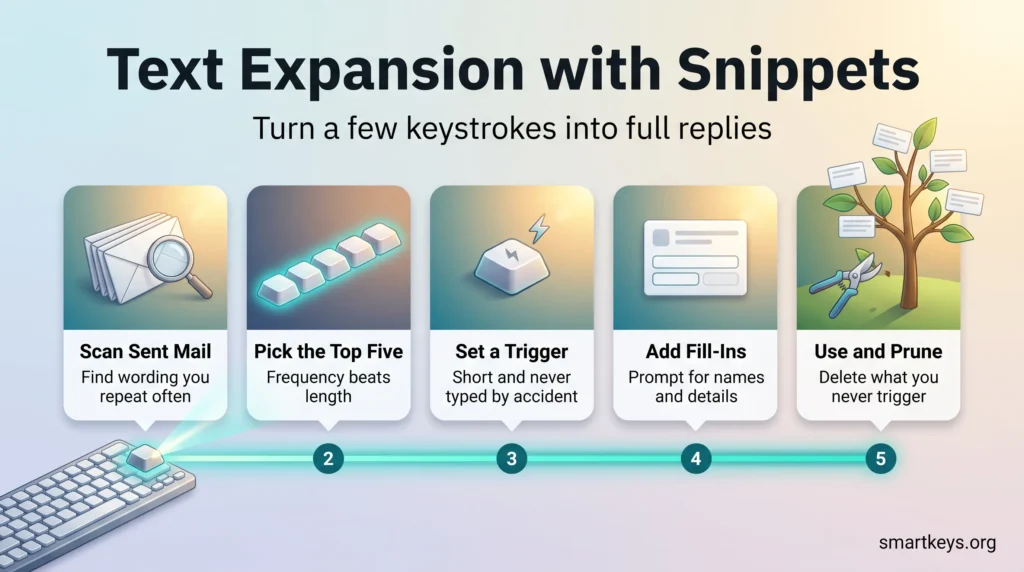 Infographic on text expansion with snippets: scan sent mail, pick the top five, set a trigger, add fill-ins, then use and prune.