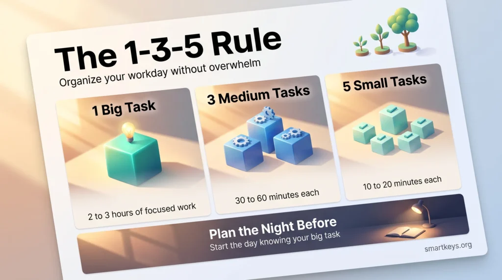 Infographic explaining the 1-3-5 Rule: one big task, three medium tasks and five small tasks, planned the night before for a focused workday.