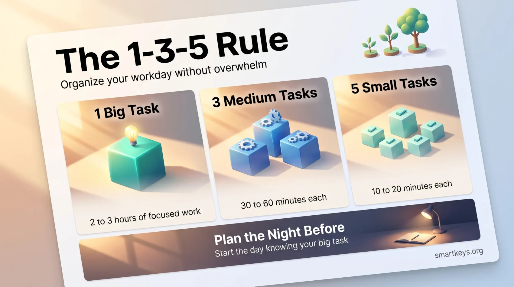 Infographic explaining the 1-3-5 Rule: one big task, three medium tasks and five small tasks, planned the night before for a focused workday.