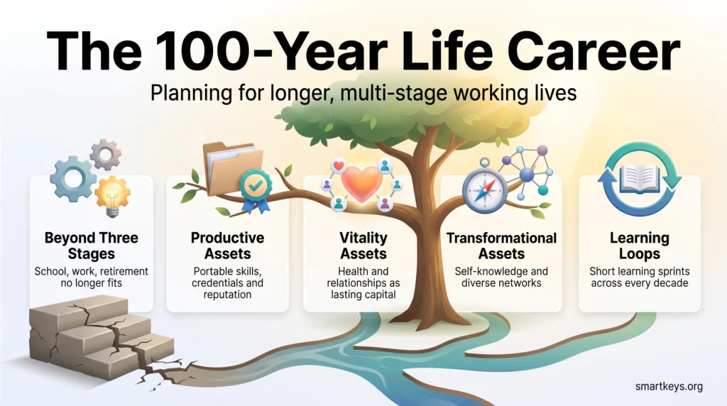 Infographic on the 100-year life career: moving beyond three stages by building productive, vitality and transformational assets with lifelong learning loops.