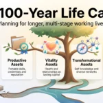 Infographic on the 100-year life career: moving beyond three stages by building productive, vitality and transformational assets with lifelong learning loops.