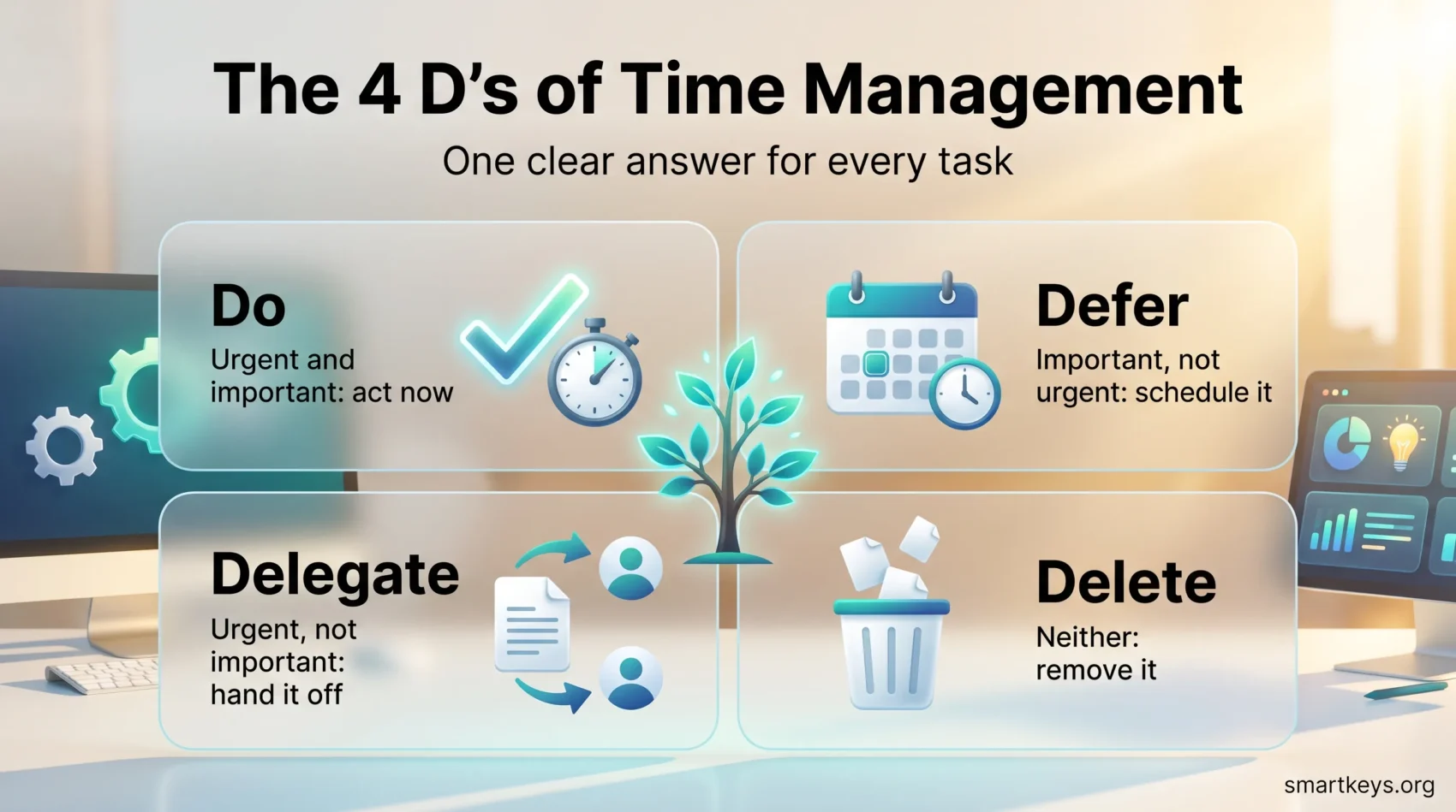 Infographic on the 4 D's of time management: a 2x2 grid showing do, defer, delegate and delete, each matched to urgency and importance.