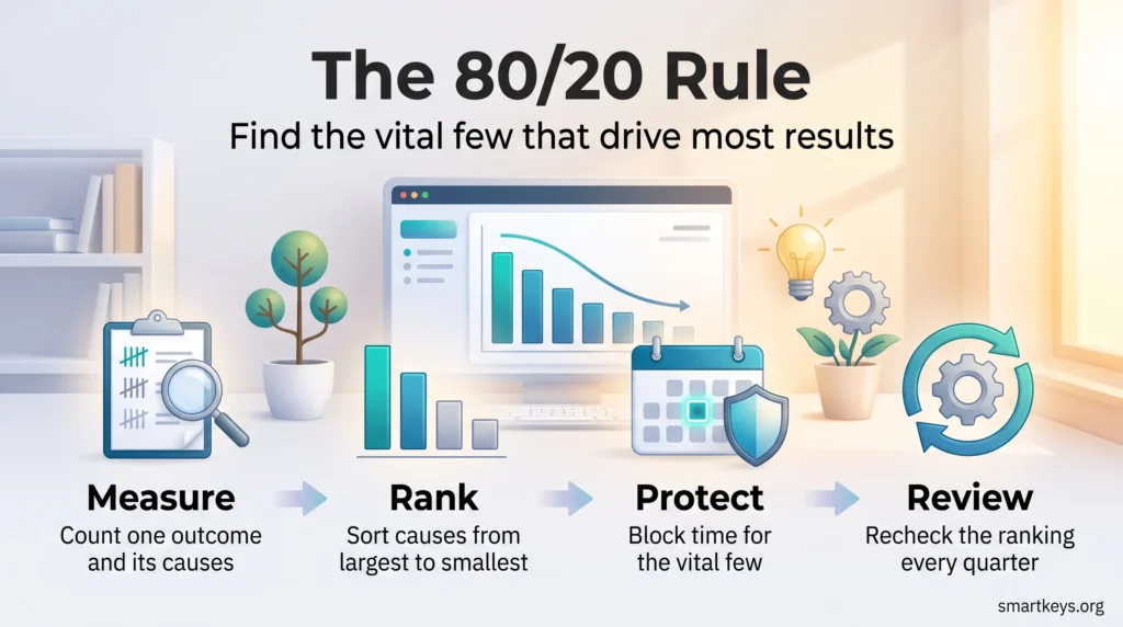 Infographic explaining the 80/20 rule in four steps: measure causes, rank them by impact, protect time for the vital few, and review regularly.
