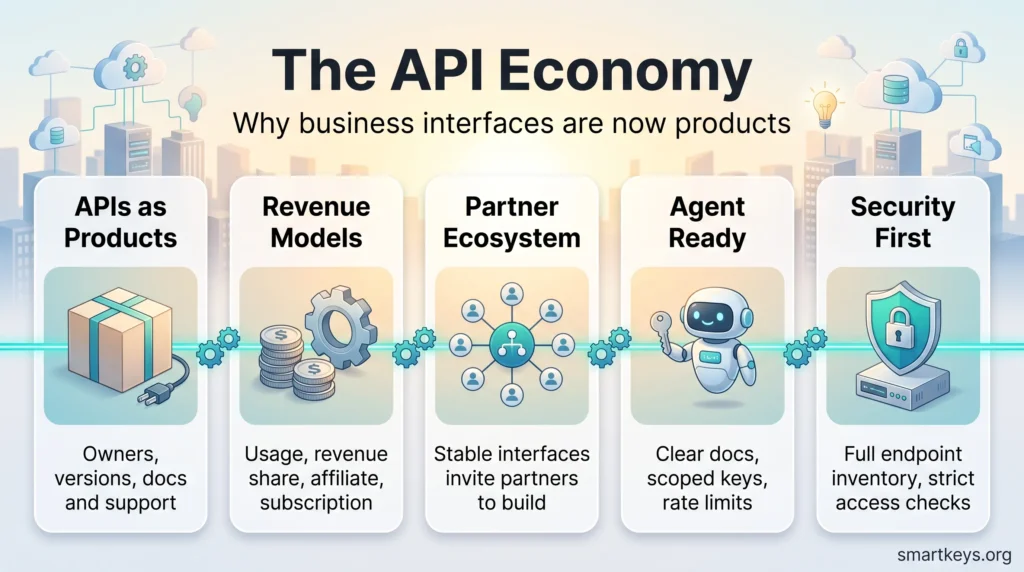API economy infographic showing five pillars: APIs as products, revenue models, partner ecosystems, agent readiness and security first.