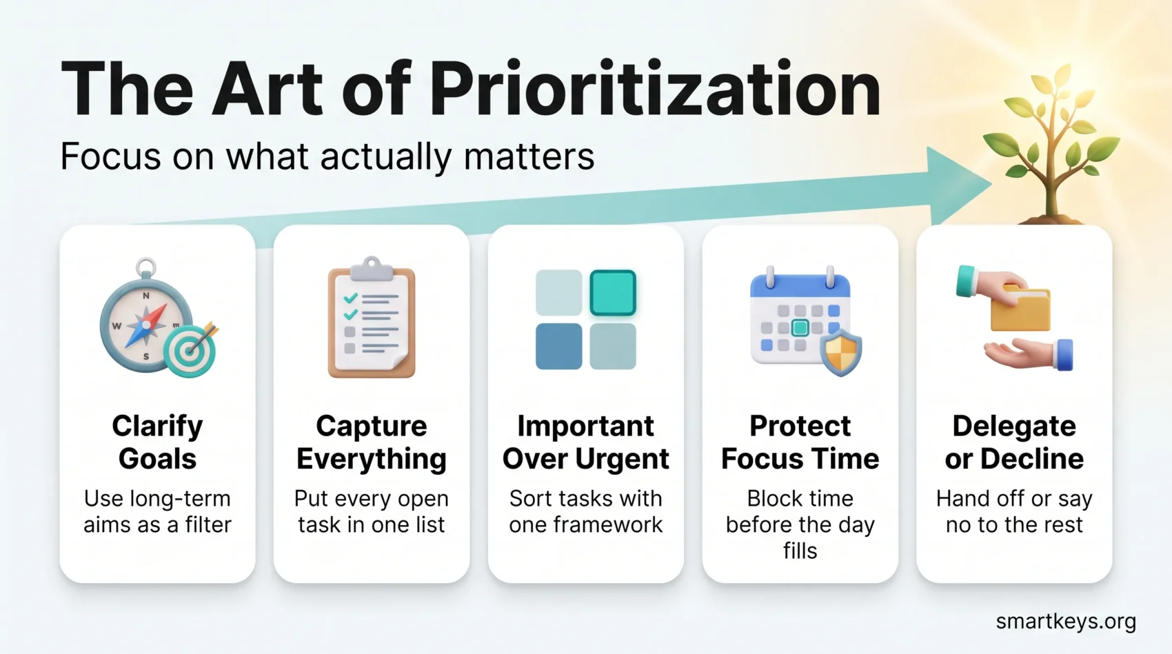 Infographic on the art of prioritization: clarify goals, capture every task, put important over urgent, protect focus time, and delegate or decline.