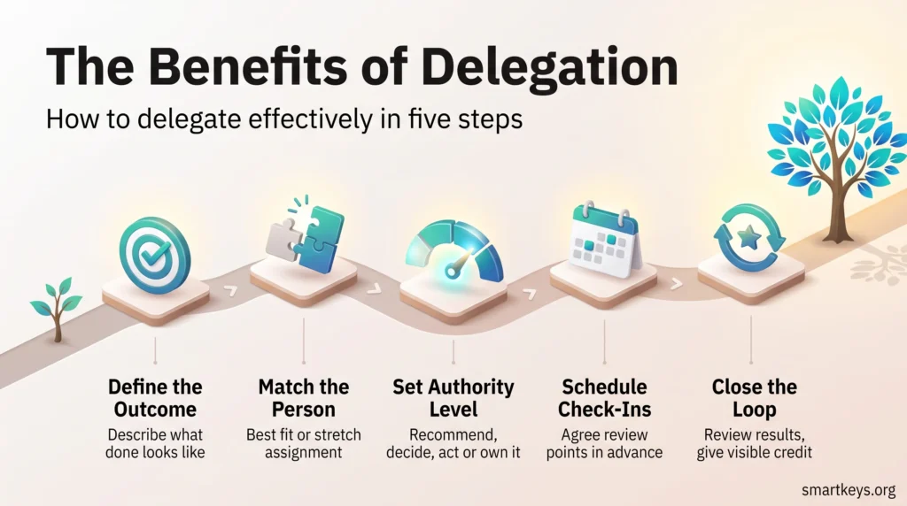 Infographic showing a five step delegation method: define the outcome, match the person, set the authority level, schedule check-ins and close the loop.
