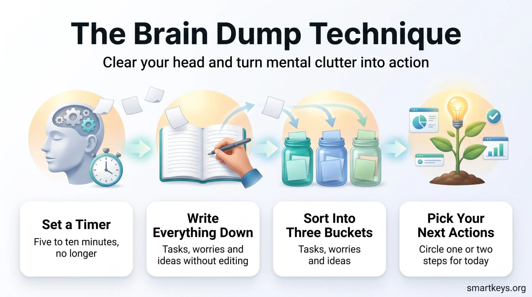 Infographic of the brain dump technique in four steps: set a timer, write everything down, sort into tasks, worries and ideas, then pick next actions.