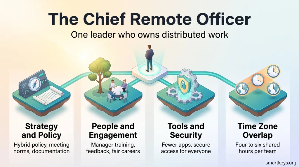 Infographic on the chief remote officer role: strategy and policy, people and engagement, tools and security, and time zone overlap for distributed teams.
