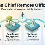 Infographic on the chief remote officer role: strategy and policy, people and engagement, tools and security, and time zone overlap for distributed teams.