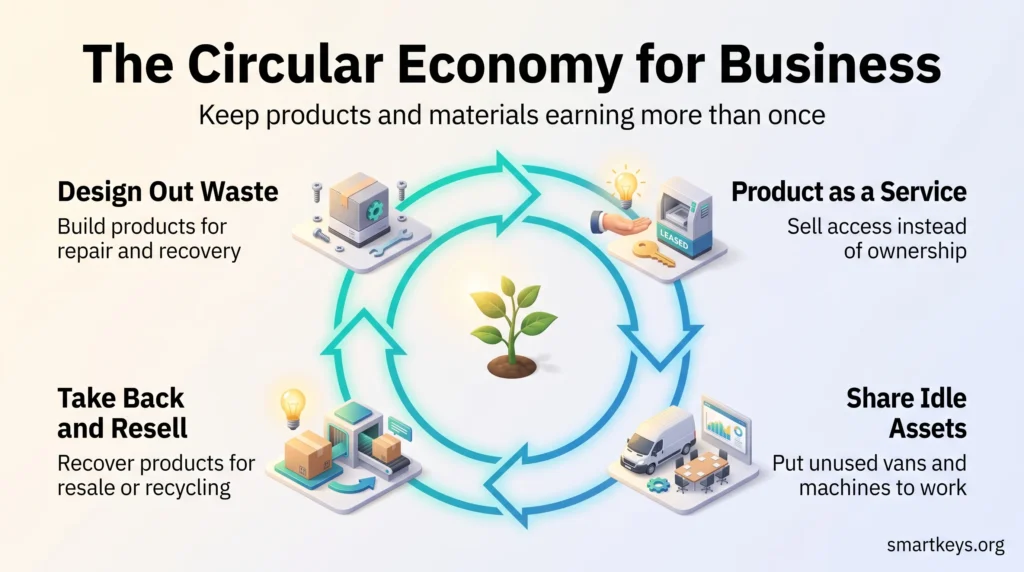 Circular economy business infographic showing four stations around a loop: design out waste, product as a service, share idle assets, take back and resell.