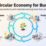 The Circular Economy in 2026: What It Means for Businesses Circular economy business infographic showing four stations around a loop: design out waste, product as a service, share idle assets, take back and resell.