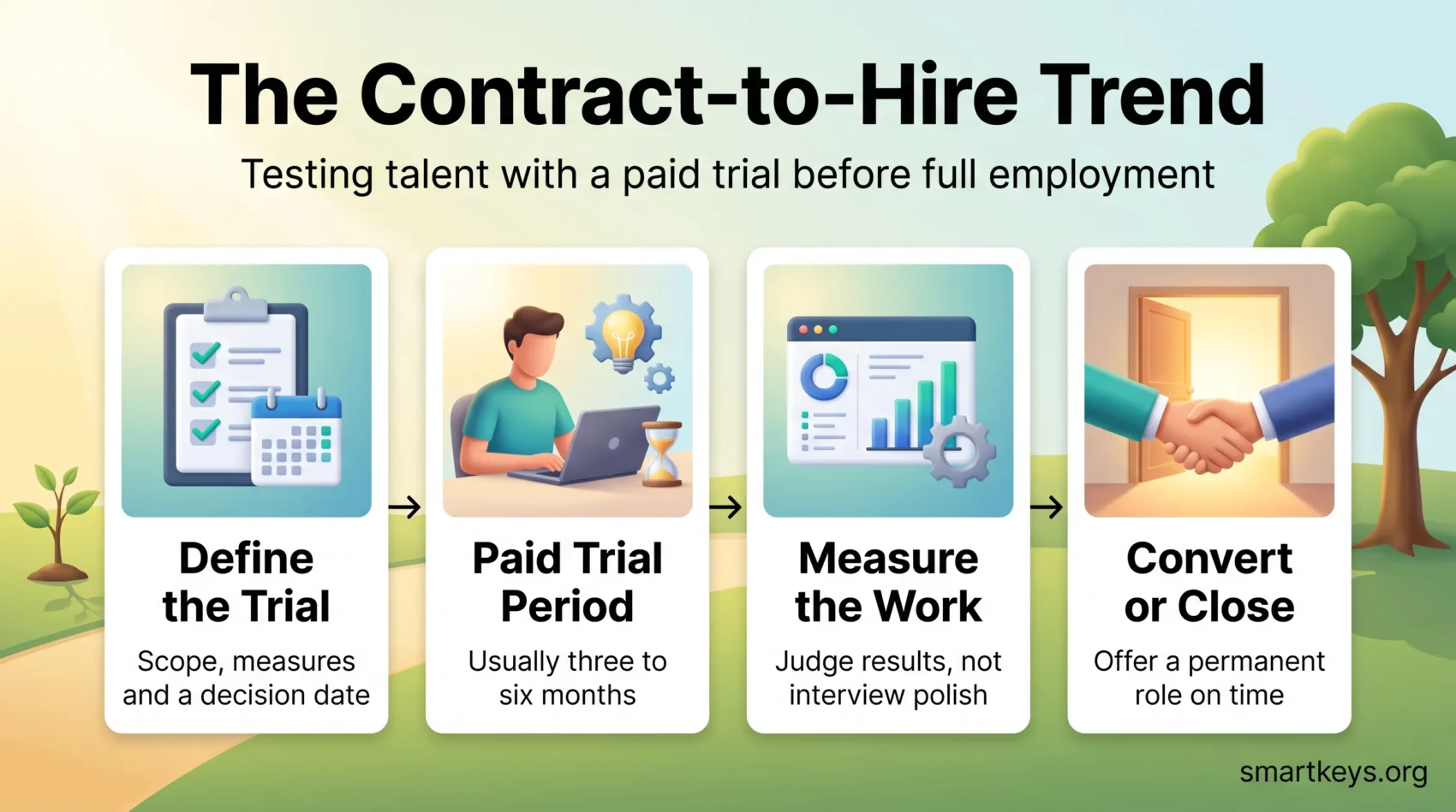 Contract-to-hire trend infographic showing four steps: define the trial, a paid three to six month trial, measure the work, then convert or close.