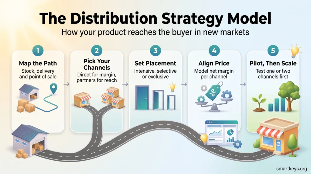 Distribution strategy model infographic showing five steps: map the path, pick your channels, set placement, align price and pilot before you scale.