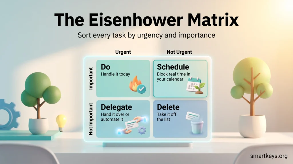 Eisenhower Matrix infographic: a 2x2 grid that sorts tasks by urgency and importance into Do, Schedule, Delegate and Delete quadrants.