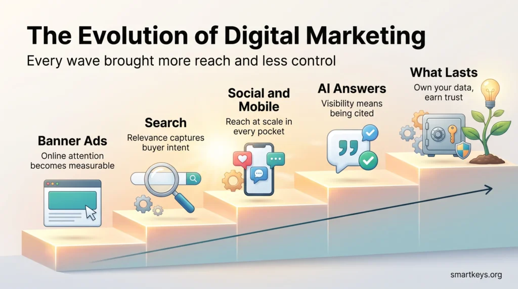 Infographic on the evolution of digital marketing as a rising staircase from banner ads, search and social to AI answers and owned data.
