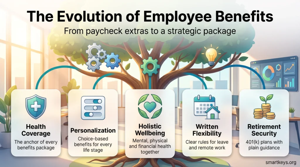 Infographic on the evolution of employee benefits: health coverage, personalization, holistic wellbeing, written flexibility and retirement security.