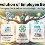 Infographic on the evolution of employee benefits: health coverage, personalization, holistic wellbeing, written flexibility and retirement security.