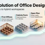 Infographic tracing the evolution of office design from record halls and first offices to cubicle farms, open plan and hybrid zoning.