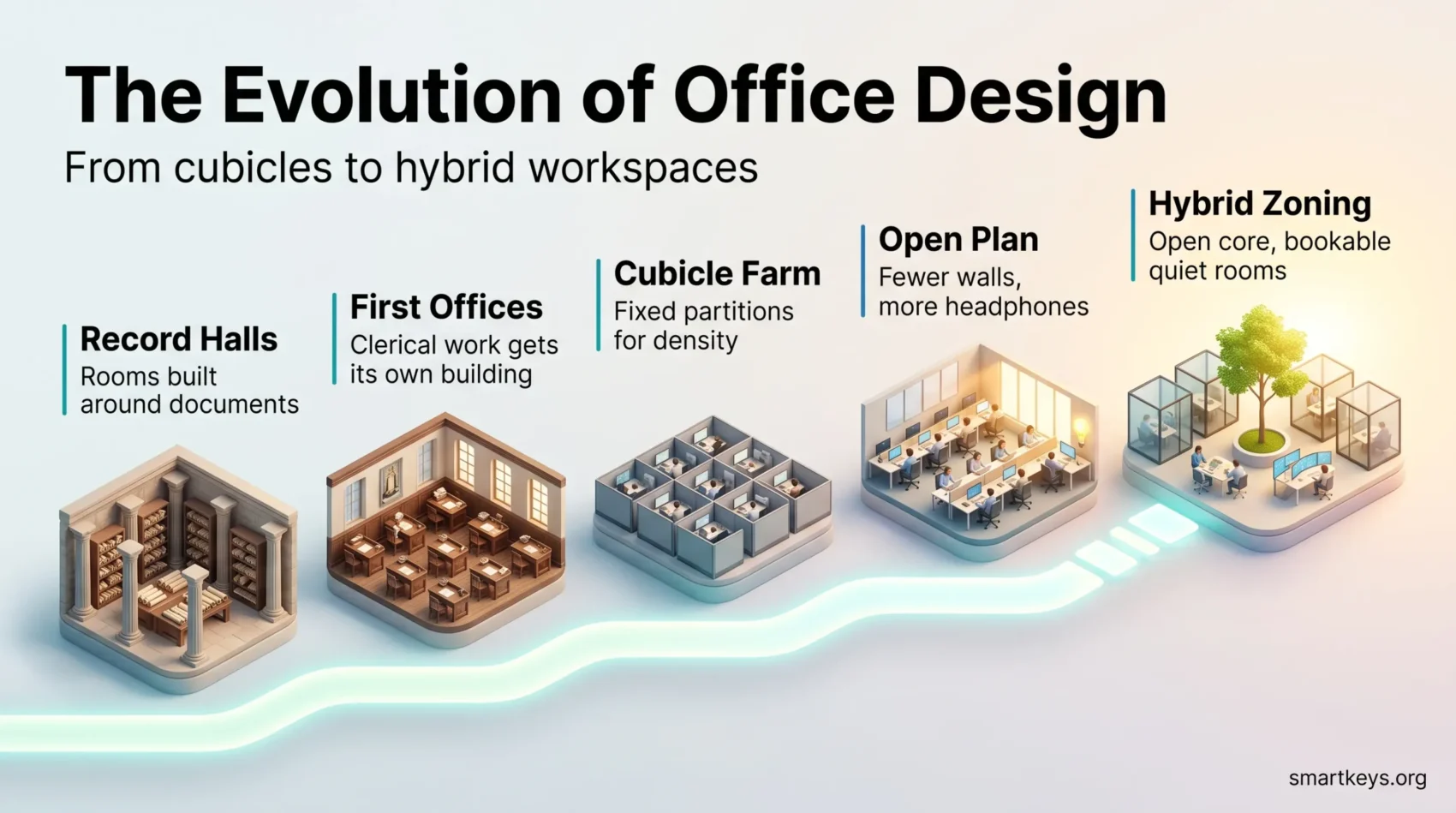 Infographic tracing the evolution of office design from record halls and first offices to cubicle farms, open plan and hybrid zoning.
