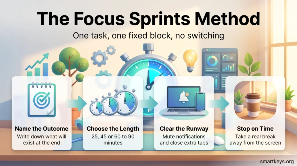 Infographic on the focus sprints method: name the outcome, choose a 25 to 90 minute length, clear distractions and stop on time for a real break.