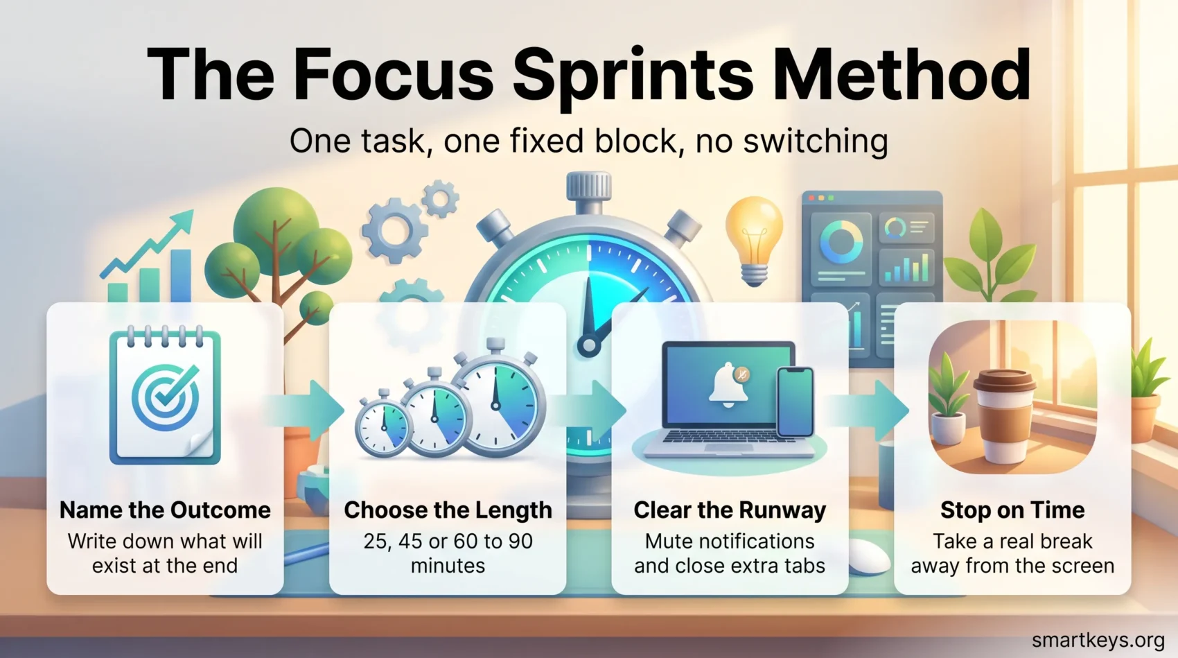 Infographic on the focus sprints method: name the outcome, choose a 25 to 90 minute length, clear distractions and stop on time for a real break.