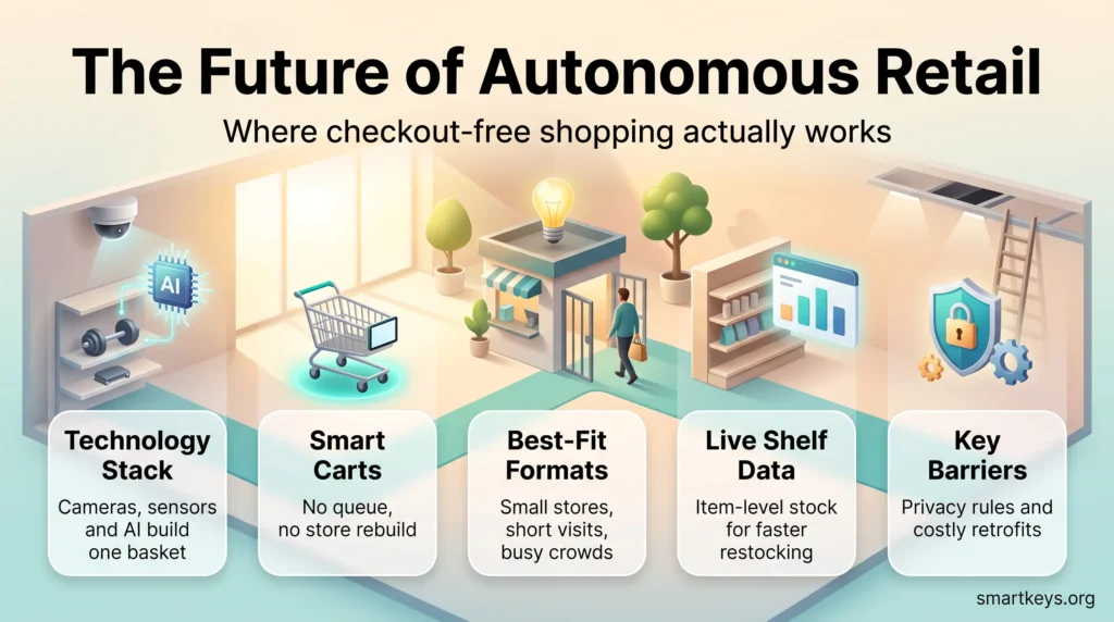 Infographic on the future of autonomous retail: technology stack, smart carts, best-fit store formats, live shelf data and key barriers.