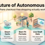The Future of Autonomous Retail in 2026 Infographic on the future of autonomous retail: technology stack, smart carts, best-fit store formats, live shelf data and key barriers.