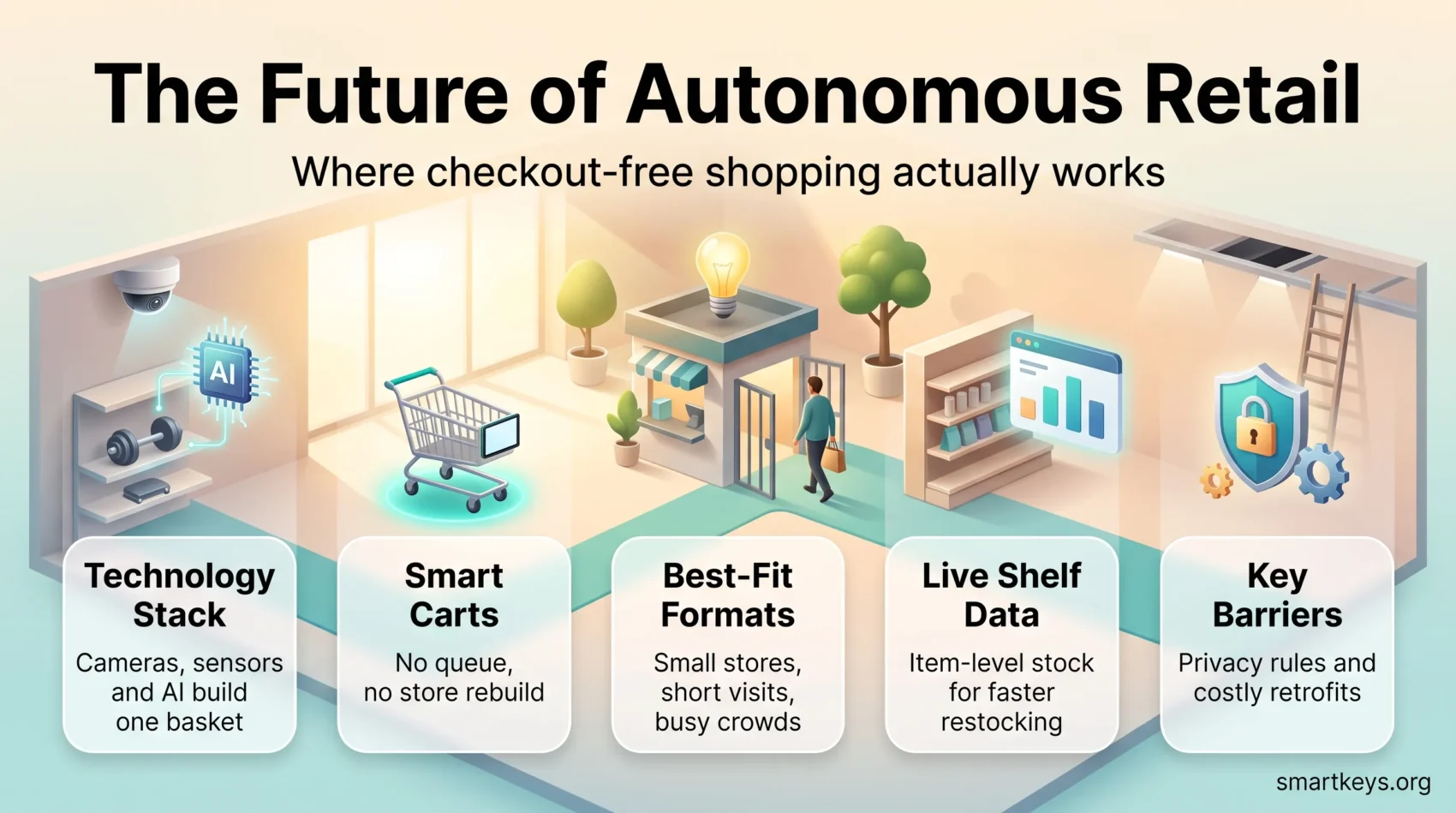 Infographic on the future of autonomous retail: technology stack, smart carts, best-fit store formats, live shelf data and key barriers.