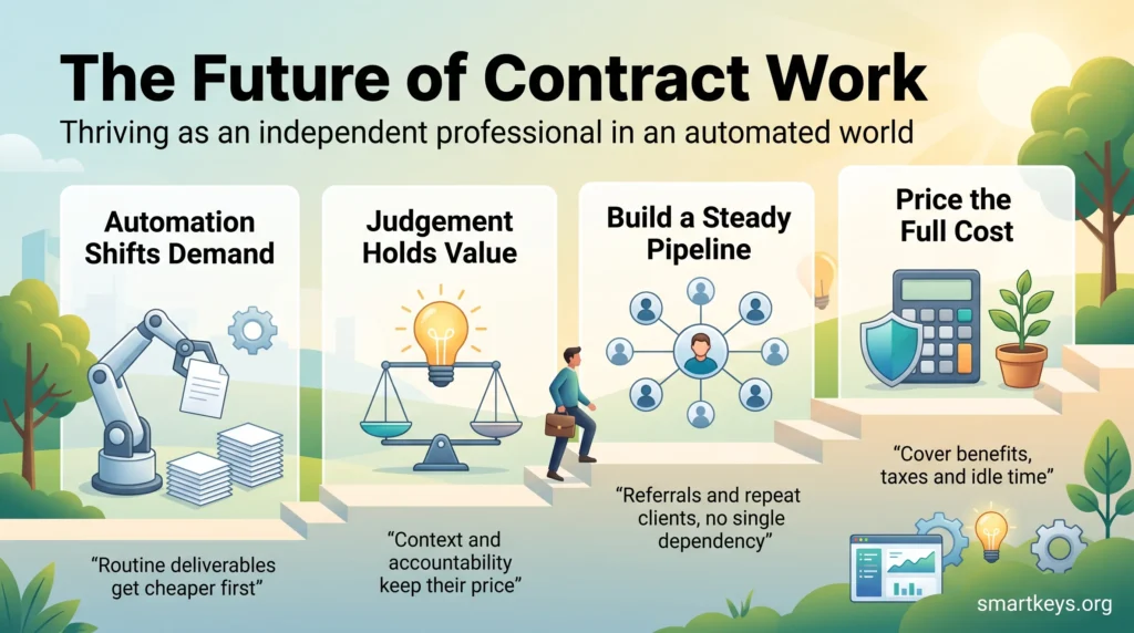 Infographic on the future of contract work: automation shifts demand, judgement holds value, a steady client pipeline and pricing for the full cost.