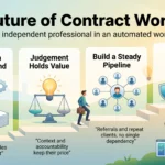 The Future of Contract Work in an Automated World Infographic on the future of contract work: automation shifts demand, judgement holds value, a steady client pipeline and pricing for the full cost.