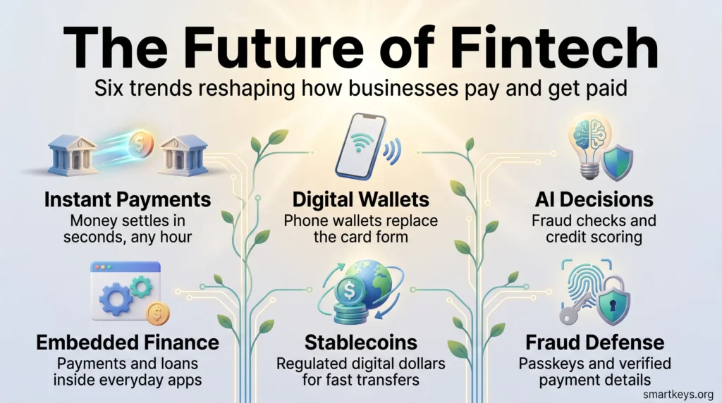Infographic on the future of fintech: instant payments, digital wallets, AI decisions, embedded finance, stablecoins and fraud defense.