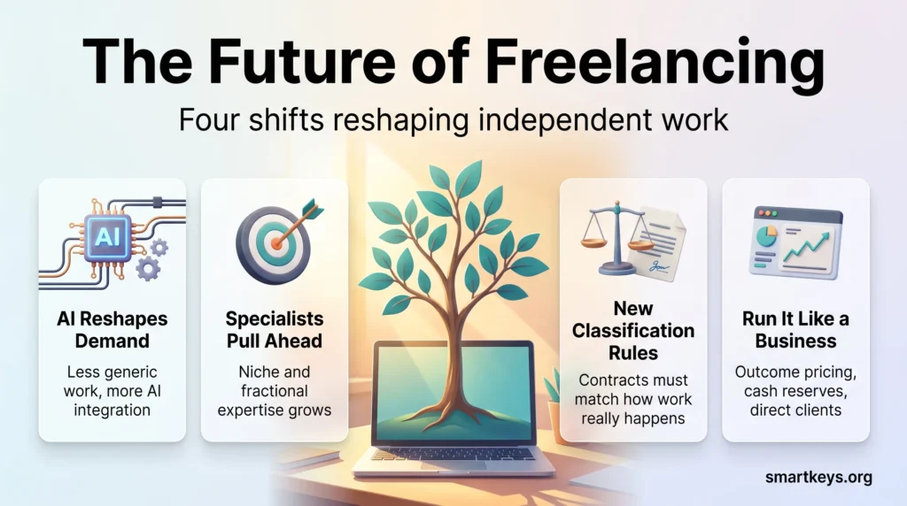 Infographic on freelancing trends: AI reshaping demand, specialists pulling ahead, new classification rules and running freelance work like a business.