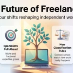 The Future of Freelancing: Trends to Watch in 2026 Infographic on freelancing trends: AI reshaping demand, specialists pulling ahead, new classification rules and running freelance work like a business.