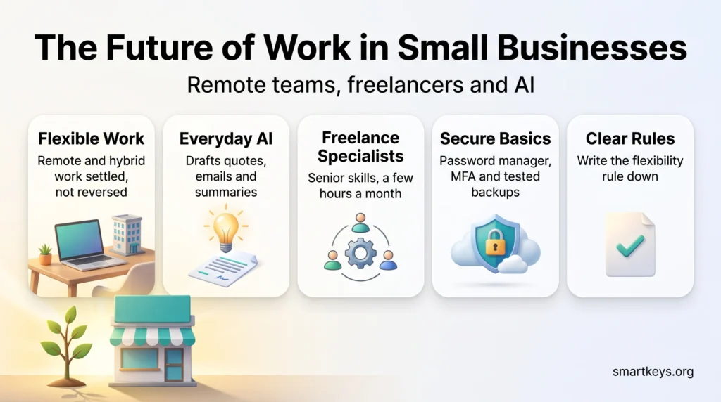 Infographic on the future of work in small businesses: flexible work, everyday AI, freelance specialists, secure basics and clear rules.