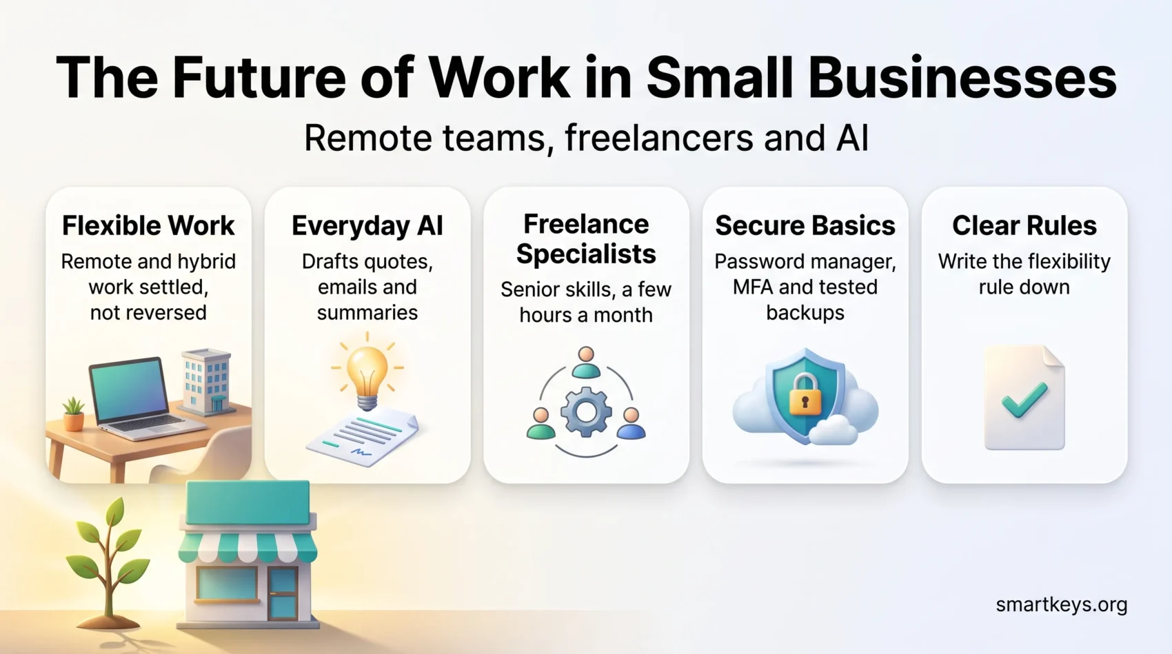 Infographic on the future of work in small businesses: flexible work, everyday AI, freelance specialists, secure basics and clear rules.