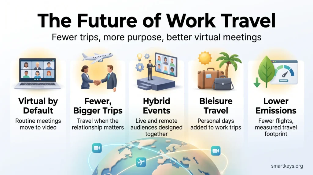 Infographic on the future of work travel: virtual meetings by default, fewer but bigger trips, hybrid events, bleisure travel and lower emissions