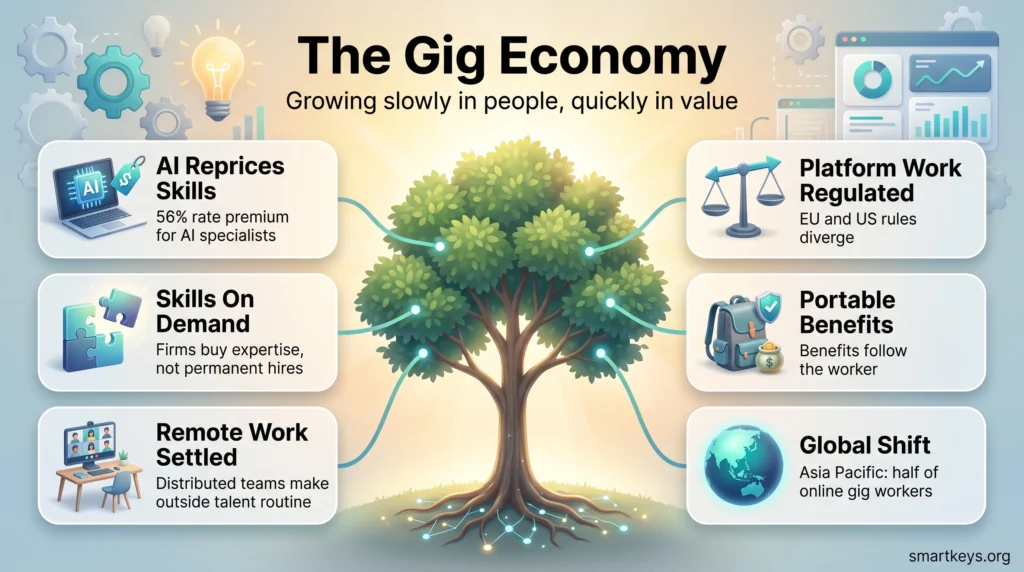 Infographic on the gig economy showing six forces reshaping independent work, from AI rate premiums and remote teams to regulation and portable benefits