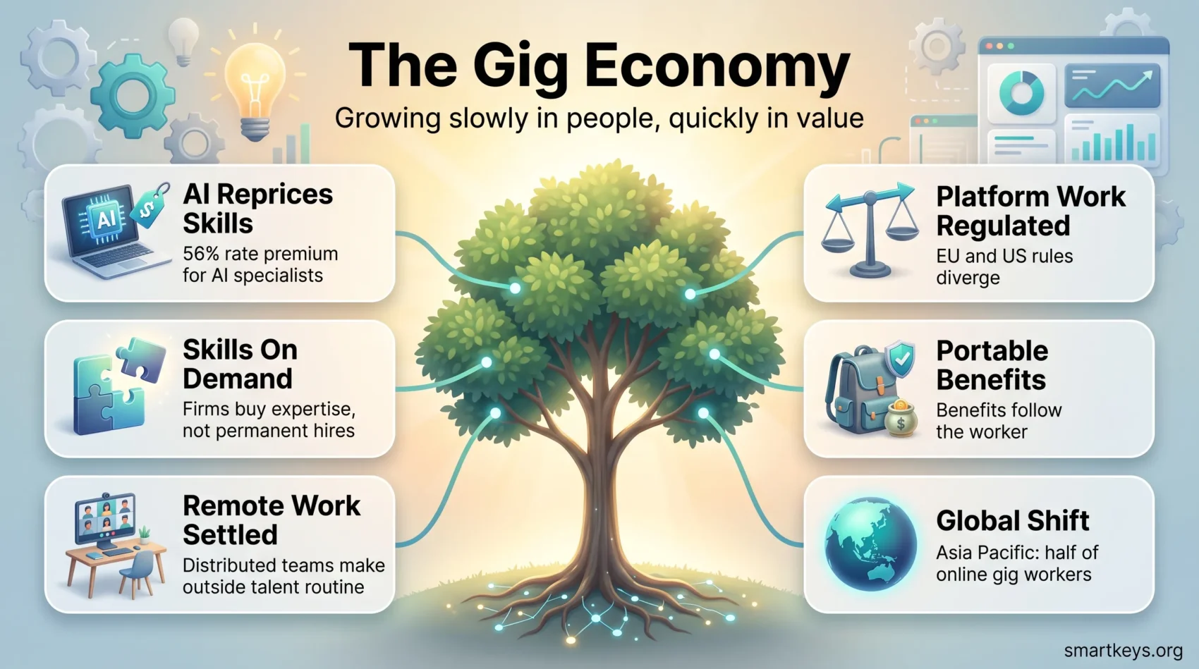 Infographic on the gig economy showing six forces reshaping independent work, from AI rate premiums and remote teams to regulation and portable benefits