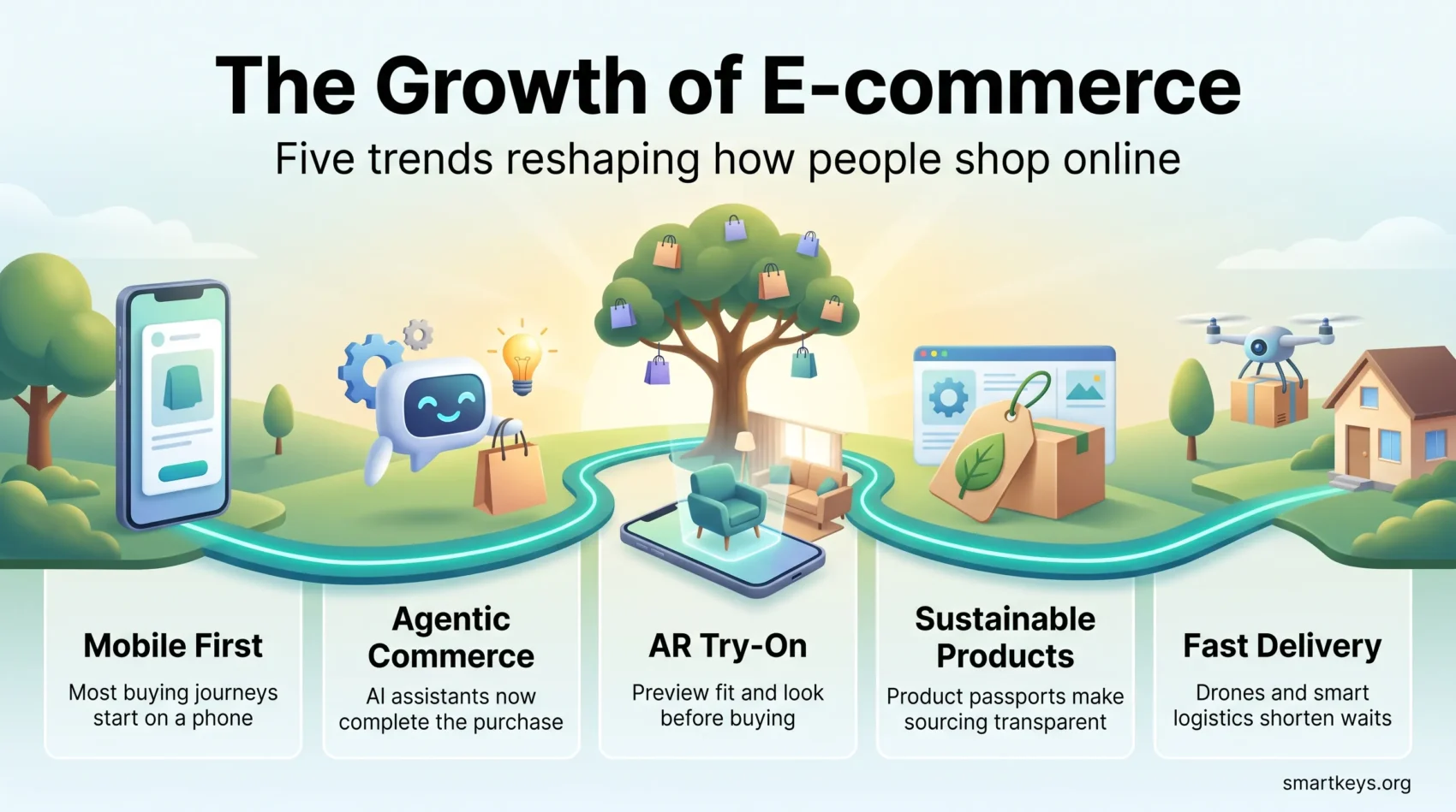 Infographic on e-commerce trends: mobile first shopping, agentic commerce, AR try-on, sustainable product passports and fast drone delivery.