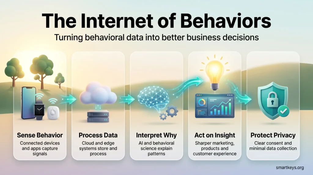 Internet of Behaviors infographic: five stages from sensing behavior and processing data to AI interpretation, business action and privacy protection.