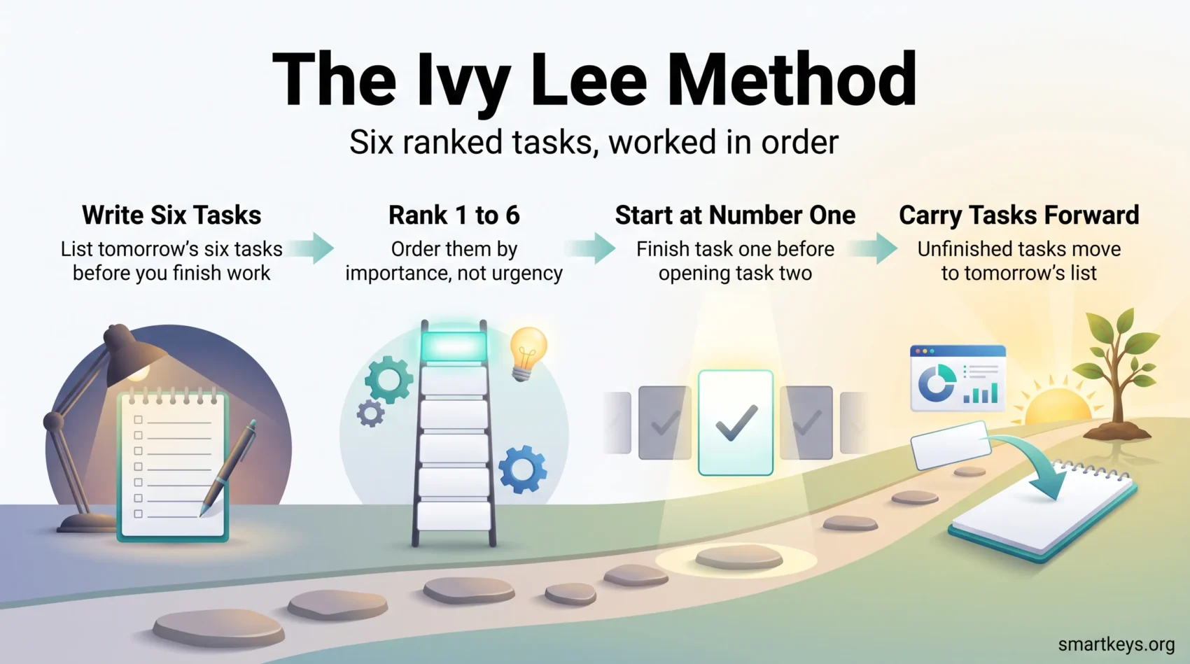 Infographic of the Ivy Lee Method in four steps: write six tasks, rank them 1 to 6, start at number one and carry unfinished tasks forward.