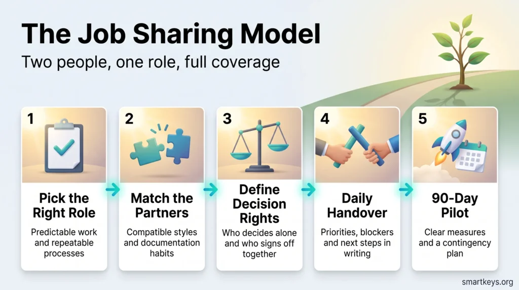 Job sharing model infographic showing five steps for two people sharing one role: pick the role, match partners, define decision rights, daily handover, 90-day pilot.