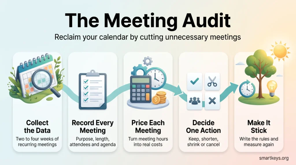 Meeting audit infographic in five steps: collect calendar data, record every meeting, price it in hours and costs, decide keep, shorten, shrink or cancel, then make it stick.
