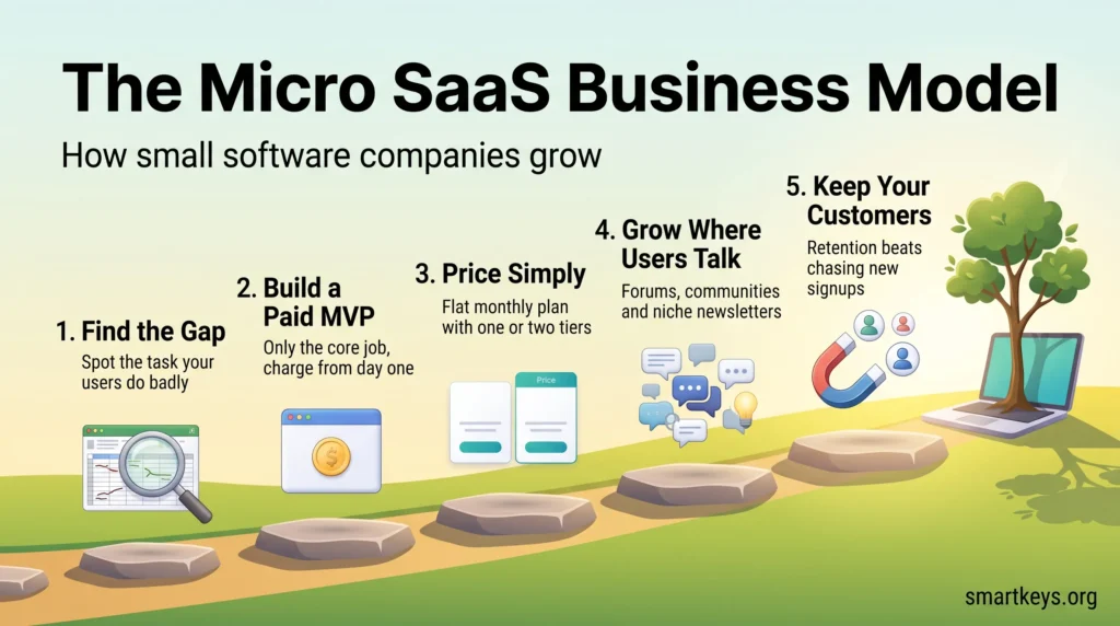 Infographic on the micro SaaS business model: five steps from finding a niche gap and a paid MVP to simple pricing, community growth and retention.