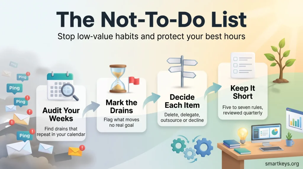 Not-to-do list infographic showing four steps: audit your weeks, mark the drains, decide each item, and keep the list short with quarterly reviews.