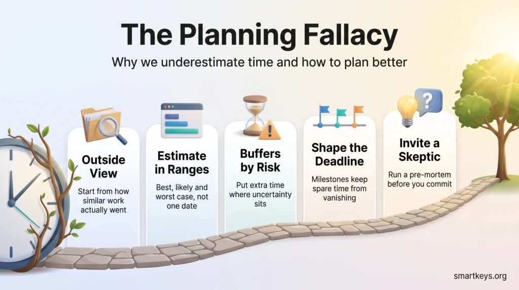 Infographic on the planning fallacy: five habits along a path, from taking the outside view and estimating in ranges to risk buffers, milestones and a skeptic.