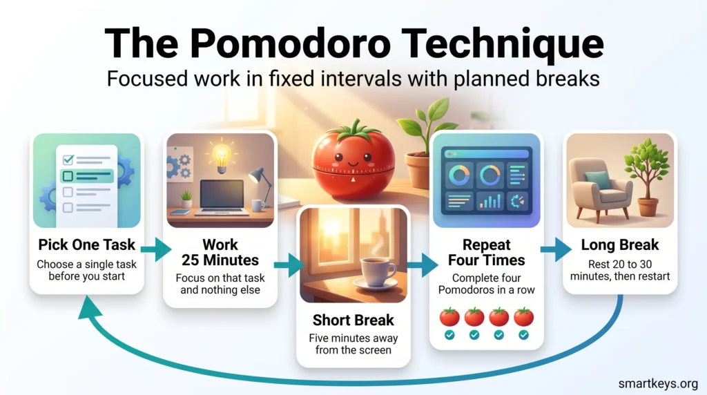 Infographic of the Pomodoro Technique cycle around a tomato timer: pick one task, work 25 minutes, short break, repeat four times, then a long break.