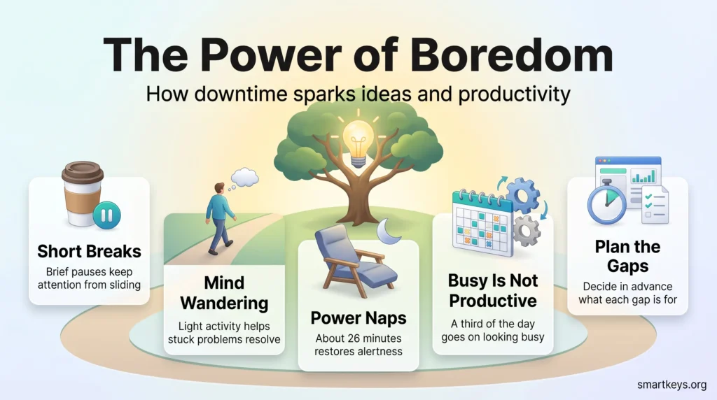 Infographic on the power of boredom showing how short breaks, mind wandering, power naps and planned gaps turn downtime into ideas and productivity.