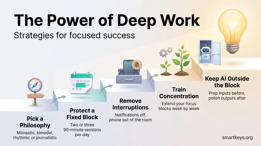 Infographic on the power of deep work: five rising steps from picking a philosophy to keeping AI outside focus blocks, leading to a glowing lightbulb.