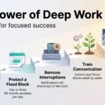 The Power of Deep Work: Strategies for Focused Success Infographic on the power of deep work: five rising steps from picking a philosophy to keeping AI outside focus blocks, leading to a glowing lightbulb.